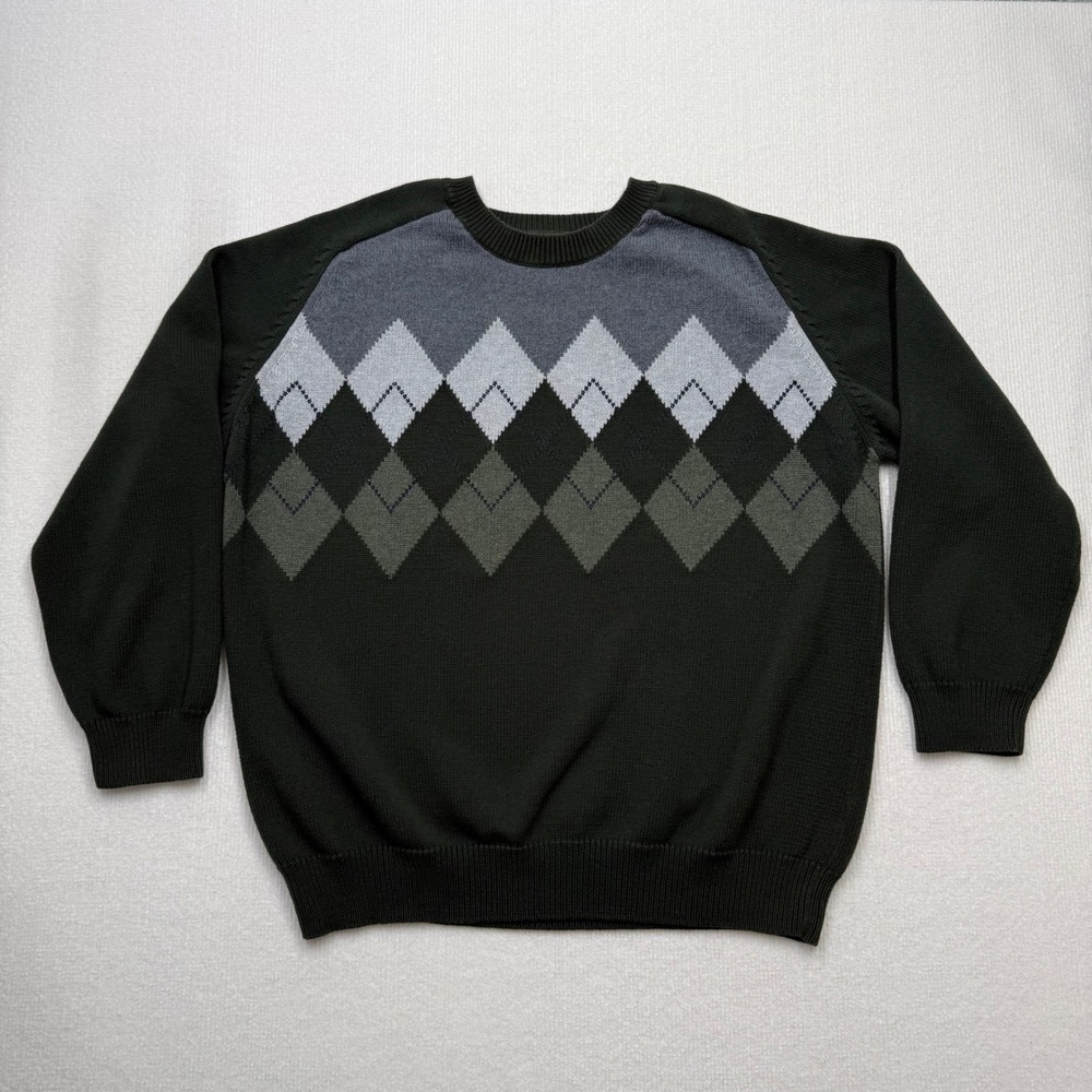 VTG Route 66 Crewneck Argyle Sweater Mens XL Green Cotton Grandpacore Preppy